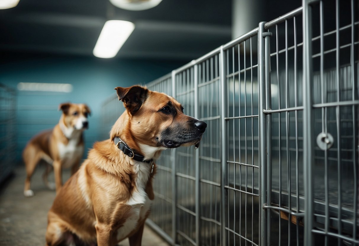 Dogs being cared for in a clean and spacious kennel facility, with separate areas for play, rest, and feeding