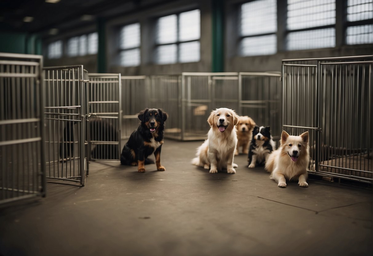 Dogs in various kennels, some playing with toys, others resting. Signs with FAQs and resources for owners posted on the walls