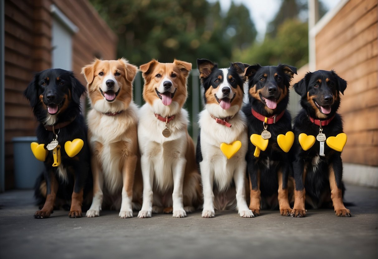 Dogs lined up at a kennel entrance, tails wagging eagerly. Staff members prepare leashes and treats, ready to welcome the furry guests