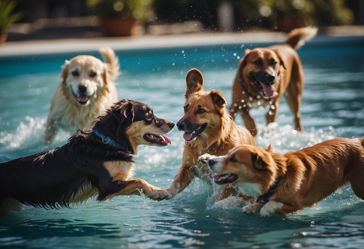 A group of dogs playing and splashing in a pool on a sunny day