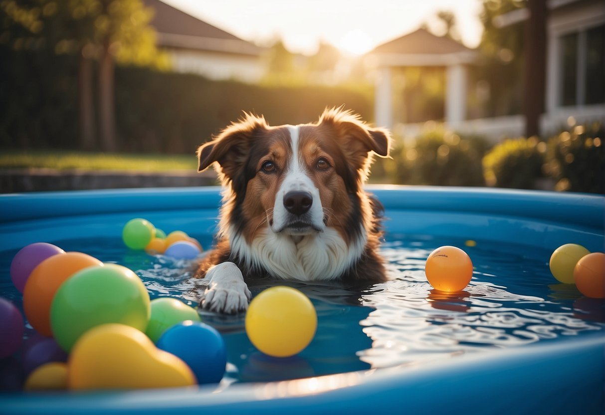 A dog pool surrounded by toys and treats, with a comfortable bed nearby for lounging