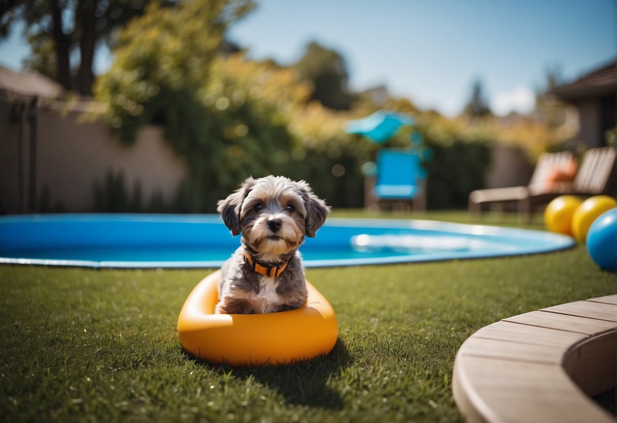 A vibrant backyard with a clean, blue dog pool set up on the grass, surrounded by toys and a comfortable lounge area