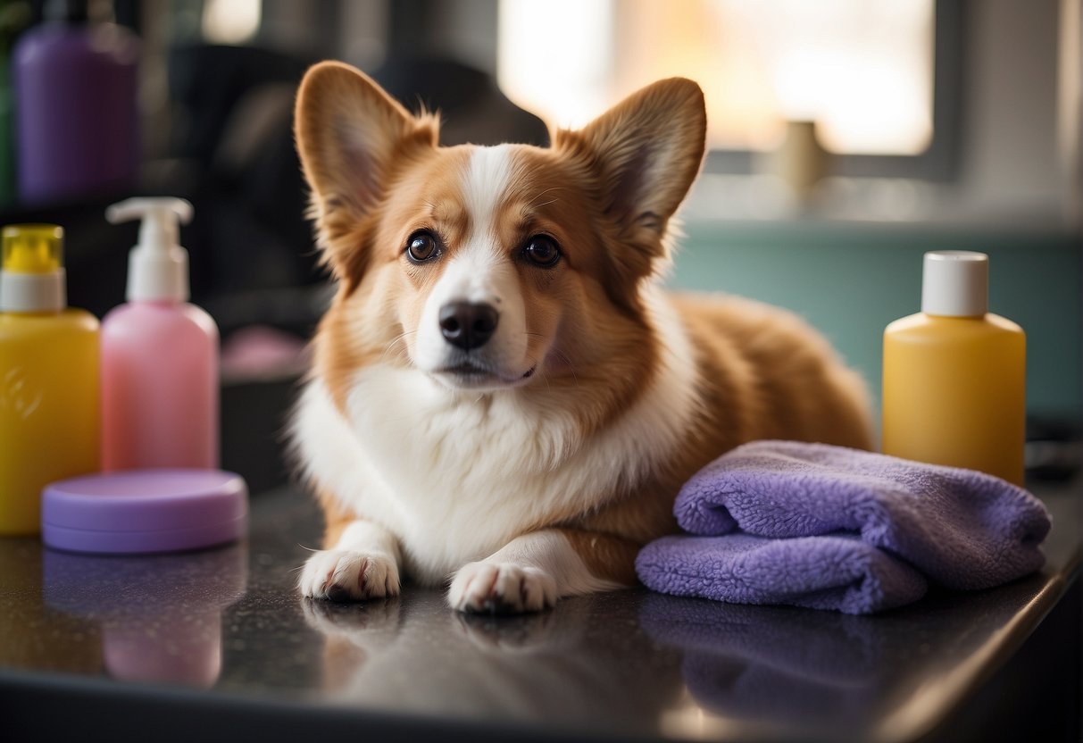 A corgipoo dog being lovingly groomed and pampered at a pet spa, surrounded by colorful grooming supplies and a calming, spa-like atmosphere