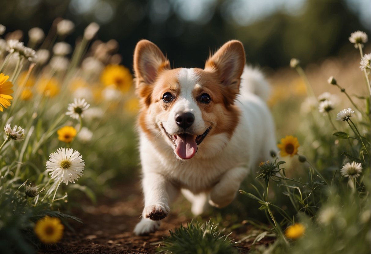 A corgipoo bounces happily through a field, tail wagging and ears flopping. It stops to sniff a flower, then playfully chases a butterfly