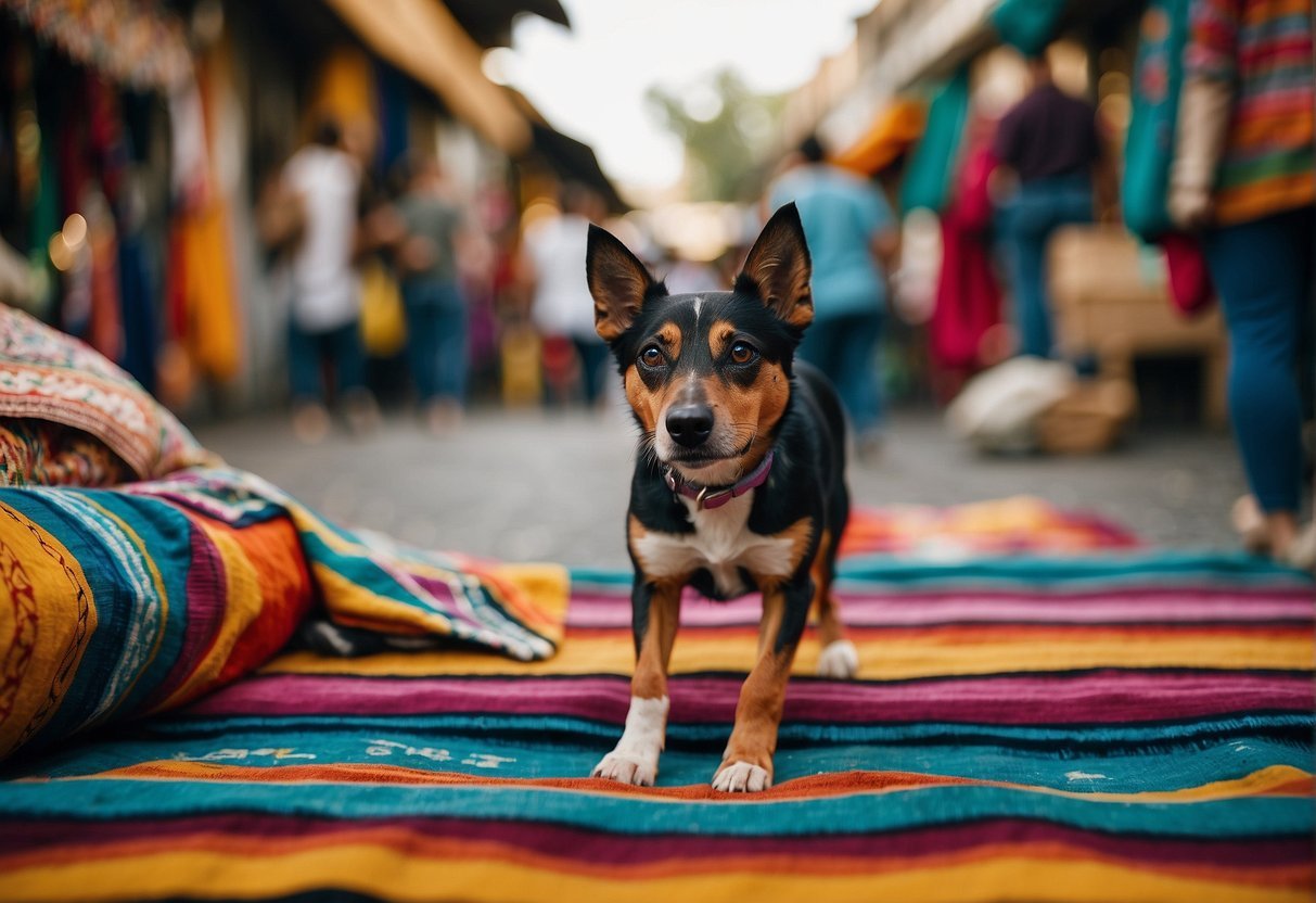 A Mexican street dog wanders through a vibrant market, surrounded by colorful textiles and traditional crafts. The dog's presence reflects the cultural significance of these beloved and resilient animals in Mexican society