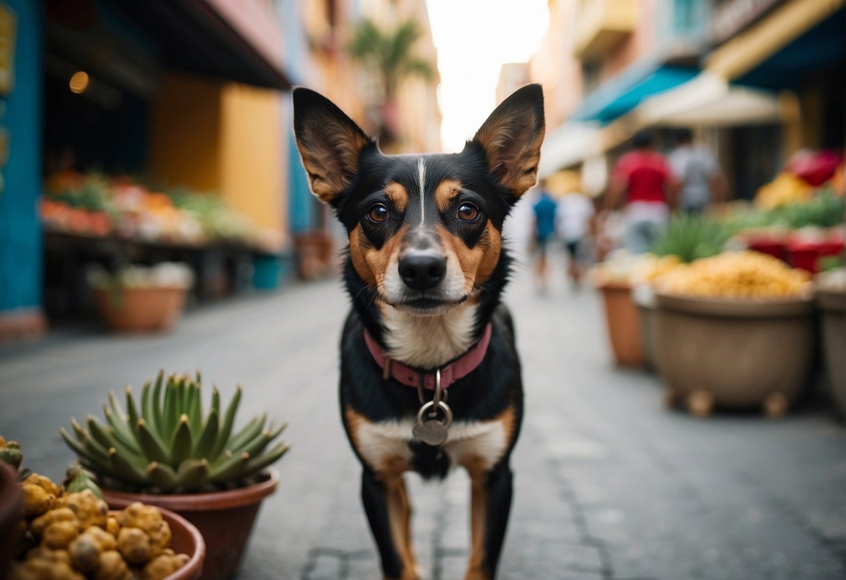 A Mexican street dog walks through a bustling market, colorful buildings in the background, and cacti lining the streets