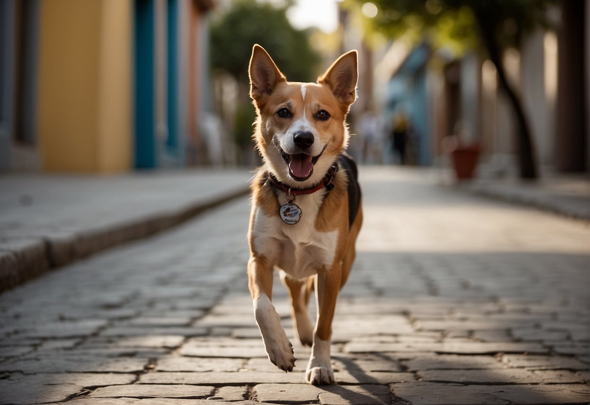 A Mexican street dog trots confidently, tail wagging, ears perked. It approaches strangers with curiosity, displaying a friendly and sociable temperament