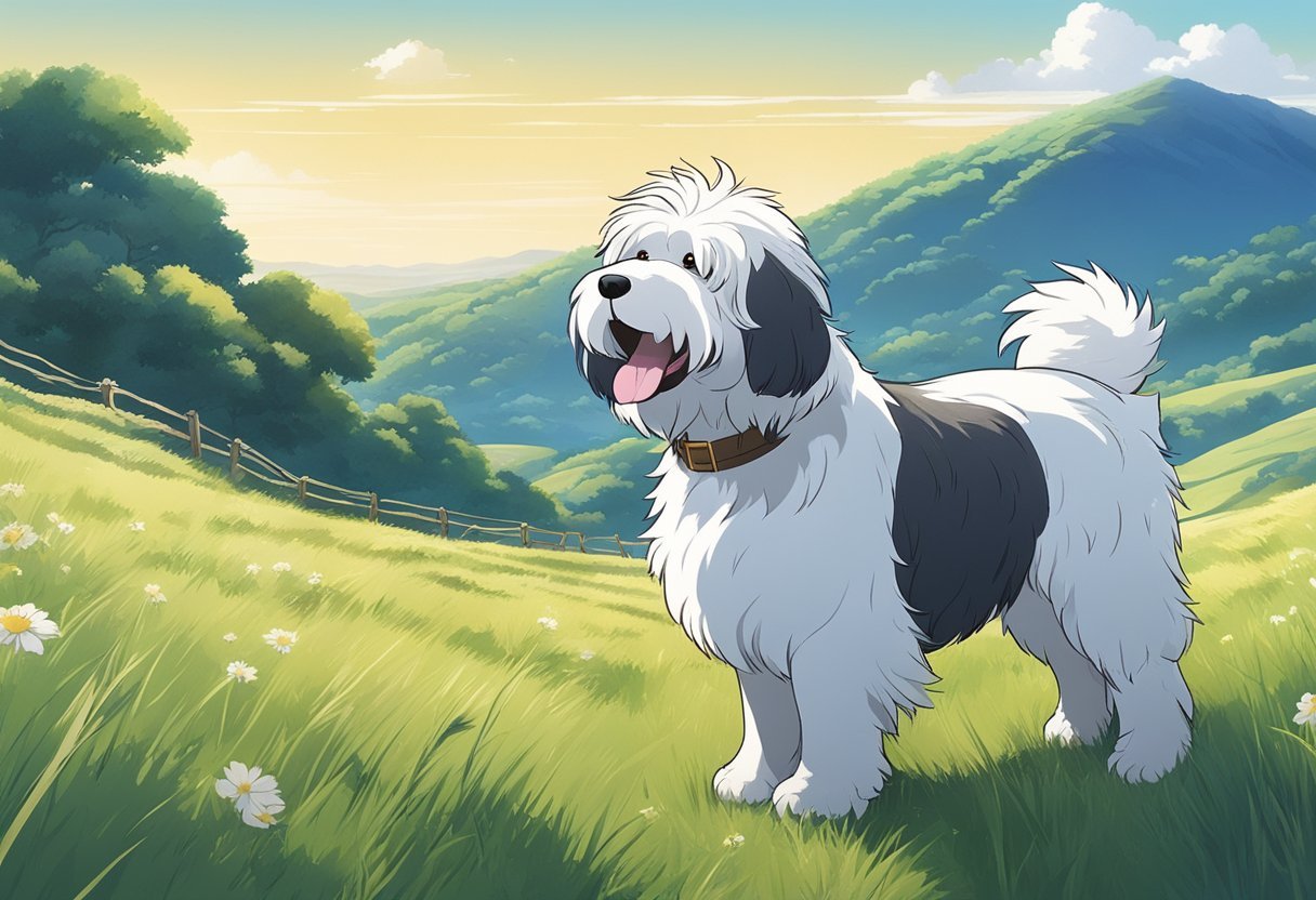 An old English sheepdog standing in a grassy field, surrounded by rolling hills and a clear blue sky