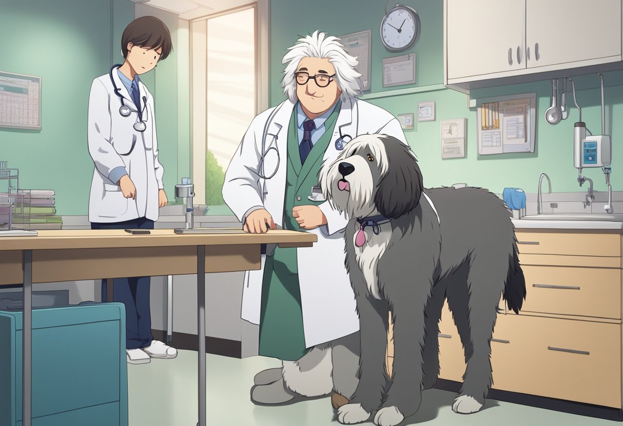 An old English sheepdog with droopy eyes and a shaggy coat stands on a veterinarian's examination table, while the vet listens to its heartbeat with a stethoscope