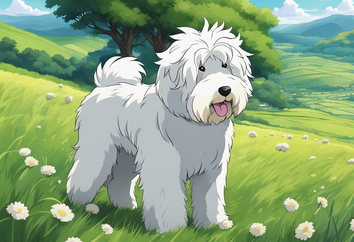 An old English sheepdog stands proudly in a lush green countryside, surrounded by rolling hills and grazing sheep