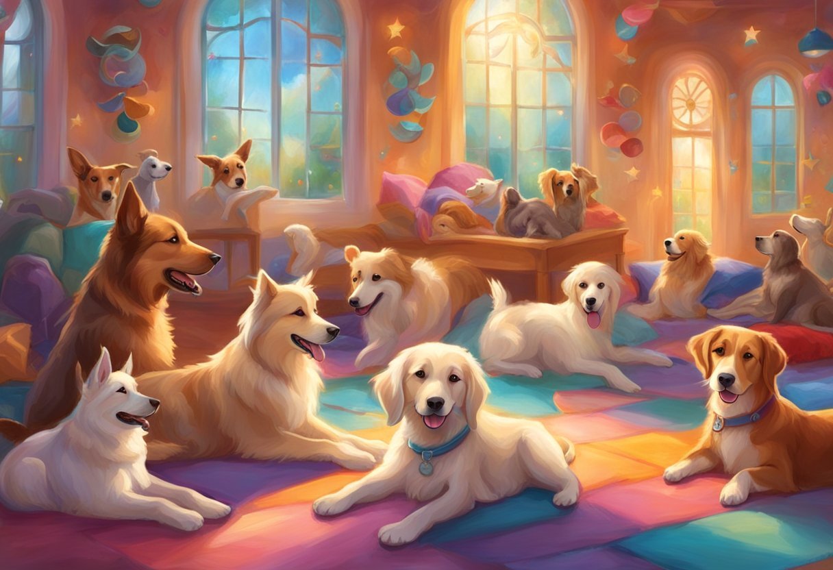 Dogs playing, resting, and socializing in a vibrant, spacious daycare facility with toys and comfortable bedding