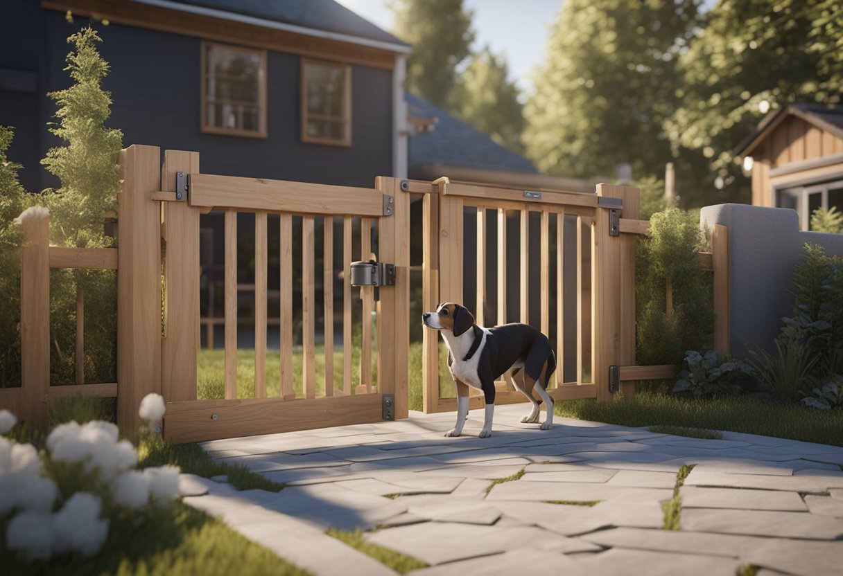 A person constructs a wooden dog gate, using tools and materials in a backyard setting