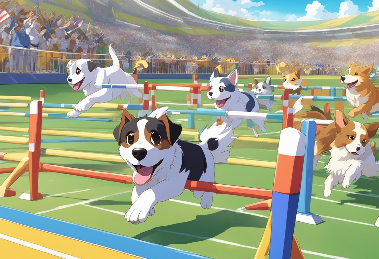 Dogs race through agility course, leaping over hurdles and weaving through poles. Spectators cheer as canines compete in obedience and speed