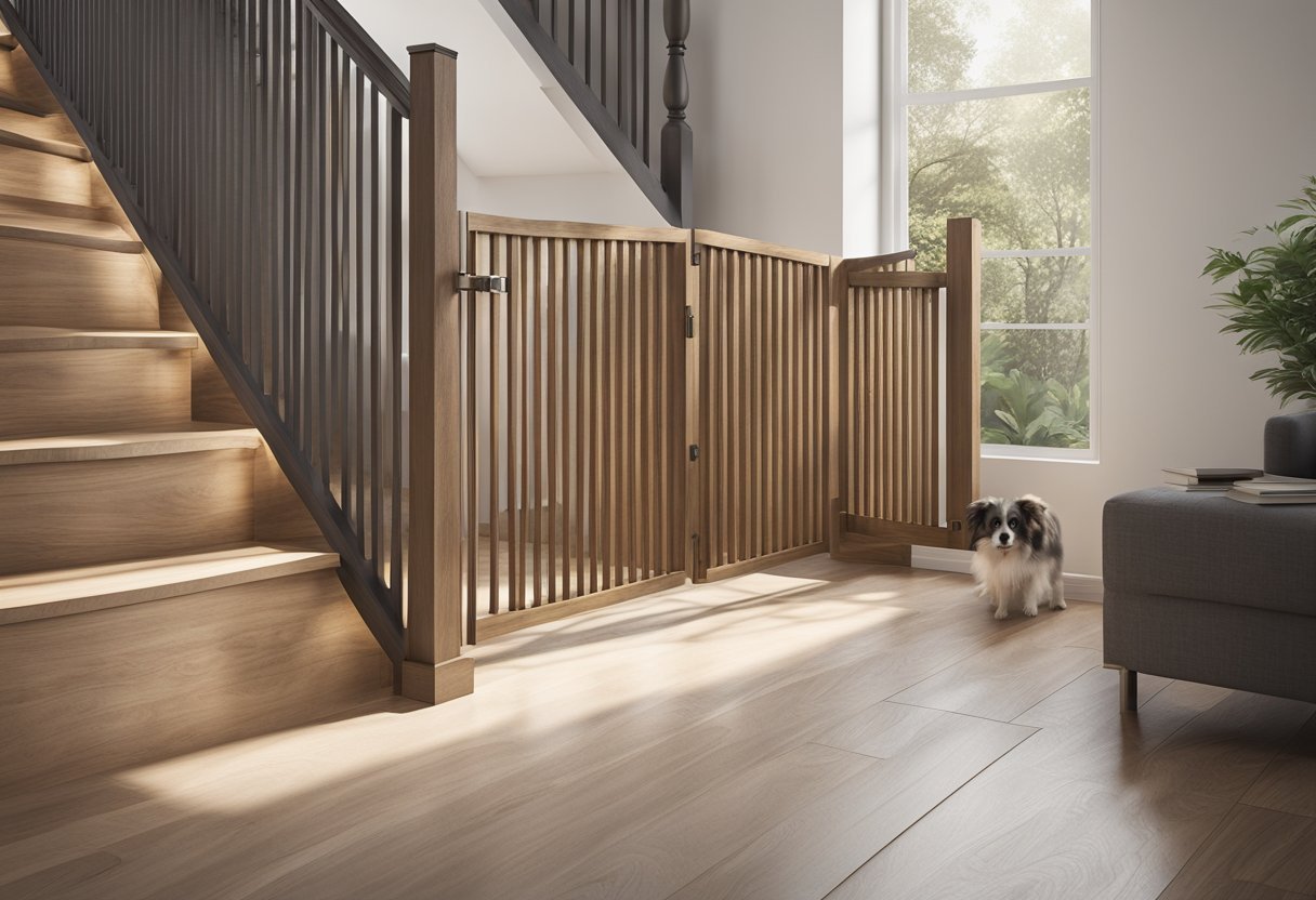 A sturdy wooden DIY dog gate stands at the bottom of a staircase, featuring a simple yet stylish design with vertical slats and a hinged door