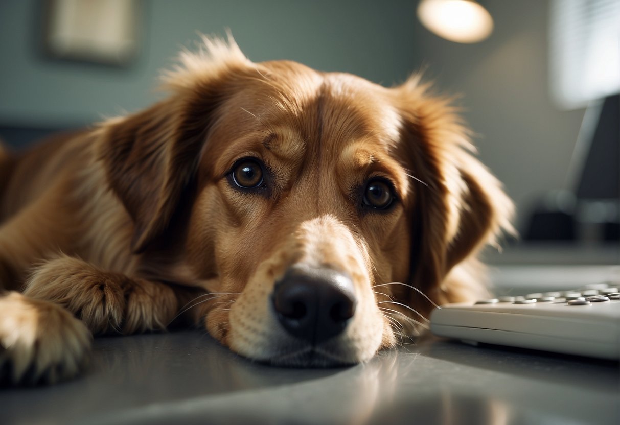 A dog lying down with a concerned expression, while a veterinarian examines them and discusses the benefits of neutering