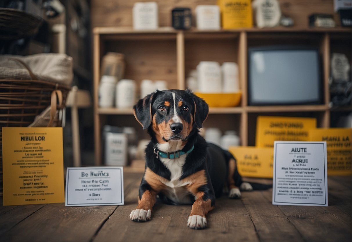 A dog sitting with a sad expression, surrounded by signs with myths and misconceptions about neutering