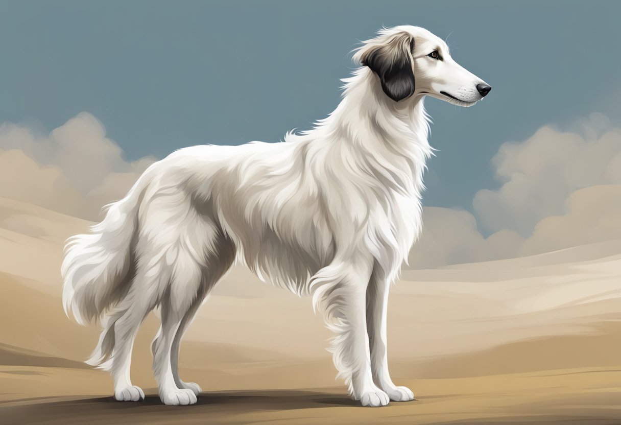 A borzoi puppy stands tall and elegant, with a long, slender body, a narrow head, and a silky coat flowing in the wind