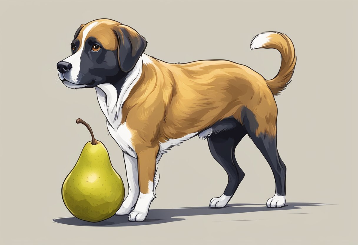 A dog eagerly sniffs a ripe pear, its tail wagging in anticipation